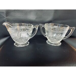 Jeannette Glass 30s Sunburst Herringbone Creamer Sugar Bowl Set Regency MCM